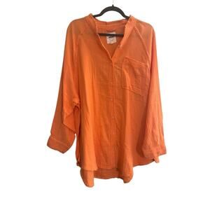 Aerie Top Large pool to party button gauze coverup Tunic Orange Oversize #5055